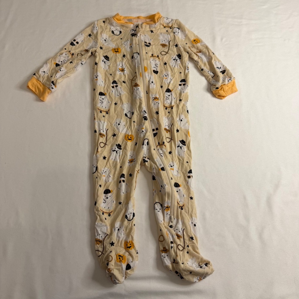 Halloween Ghost Pumpkin Footed Sleeper Pajamas Cream Yellow Two-Way Zip Kids